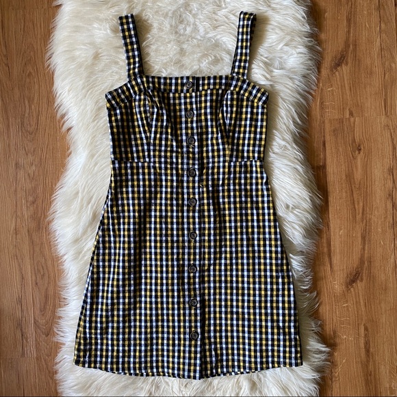 HOLLISTER YELLOW PLAID BUTTON DOWN MINI DRESS GRUNGE DARK ACADEMIA WHIMSIGOTH - Picture 1 of 7